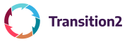 Transition2 Logo with the brandmark, a circle made out of 6 different coloured arrows on the left and the Transition2 wordmark in purple, to the right